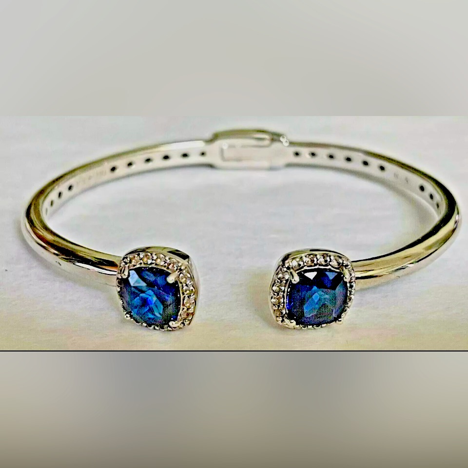Nice Double Blue Lab Sapphire & Cz Halo Hinged Silver 925 Open Bangle Bracelet